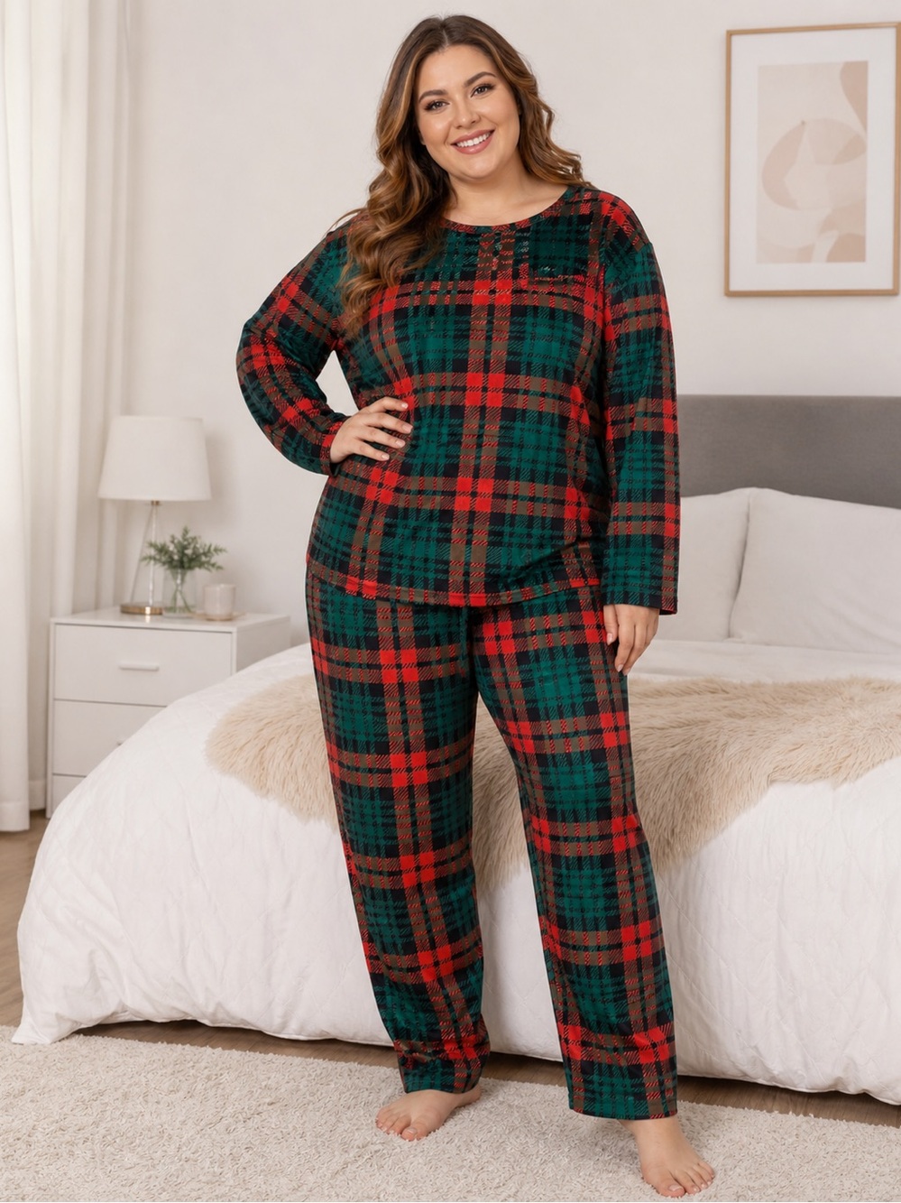 NEW Ekouaer Women's Christmas Plaid Pajamas Set | Long Sleeve Shirt & Bottoms
